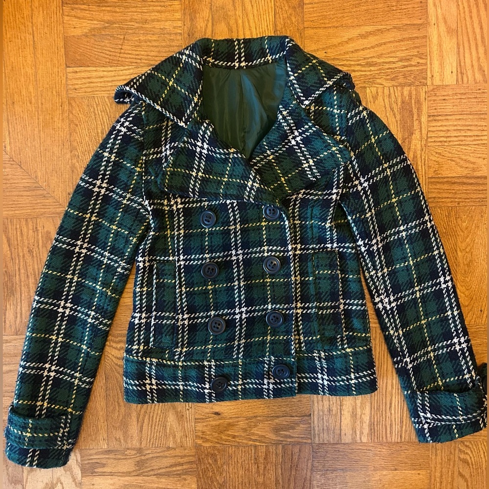 Womens Double-Breasted Green Plaid Peacoat Jacket